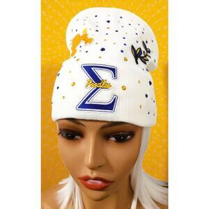 Sigma Gamma Rho Beanie White design with logo, Poodle and rhinestones
